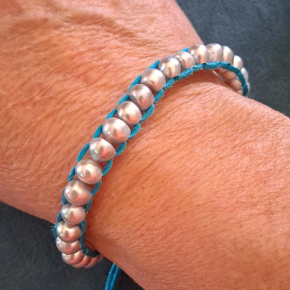 Silver Fresh Water Pearl Bead Bracelet with Turquoise Cord.